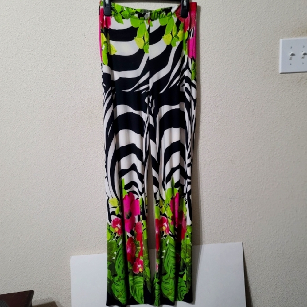 Kelly & Diane Zebra Print Wide-Leg Pants with Floral Accents Soft Flowy Size 4